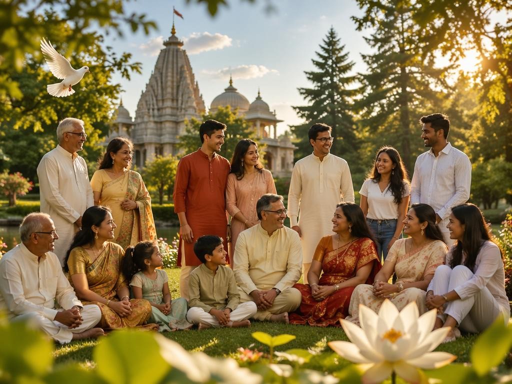 Diverse Kachchhi Oswal Jain families of all ages gathering in a sunny Canadian park, wearing traditional Indian attire, symbolizing unity, Ahimsa, and community spirit in North America.